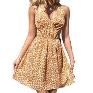 Women's Floral Print Halter Neck Tie Waist Dress Size XS